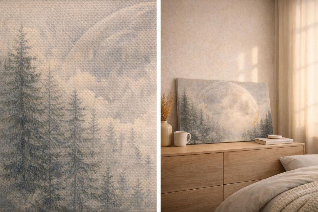 Giant Moon Pine Forest Canvas, Moody Celestial Landscape, Neutral Over Bed Art