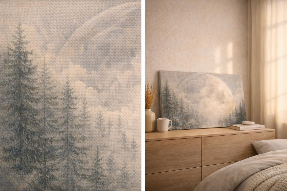 Giant Moon Pine Forest Canvas, Moody Celestial Landscape, Neutral Over Bed Art