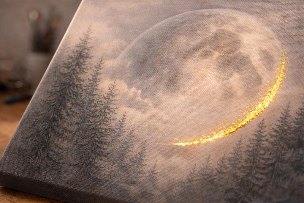 Giant Moon Pine Forest Canvas, Moody Celestial Landscape, Neutral Over Bed Art