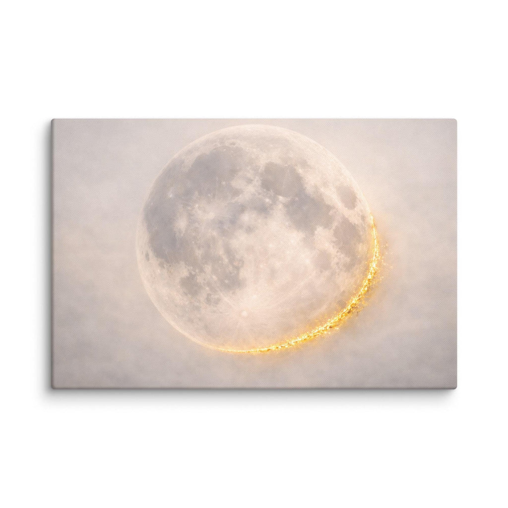 Large Panorama Gold Moon Canvas Art, Celestial Wall Hanging, Ethereal Bedroom Decor