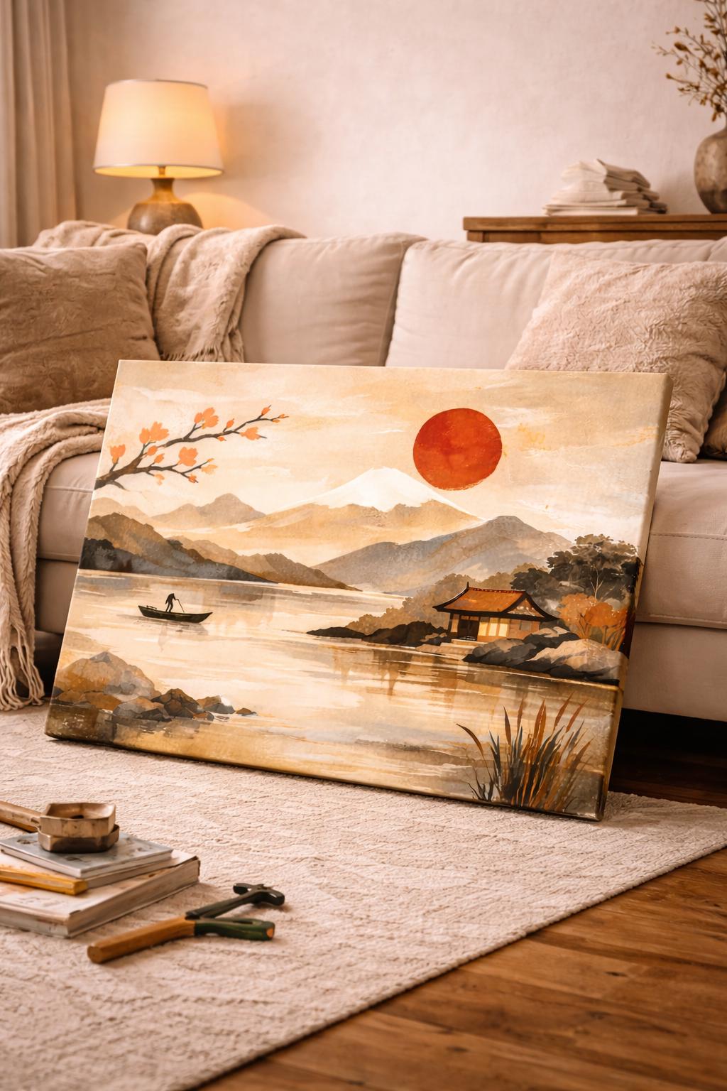 Japandi Landscape Canvas Art, Red Sun Print, Above Bed Decor