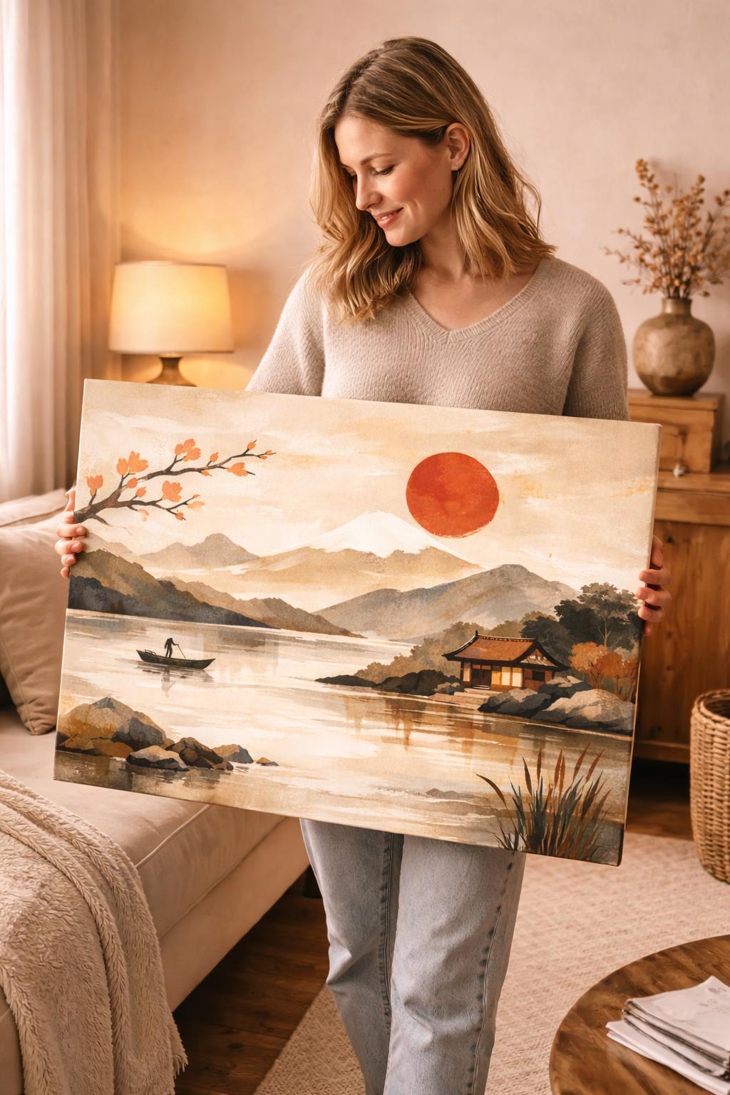 Japandi Landscape Canvas Art, Red Sun Print, Above Bed Decor