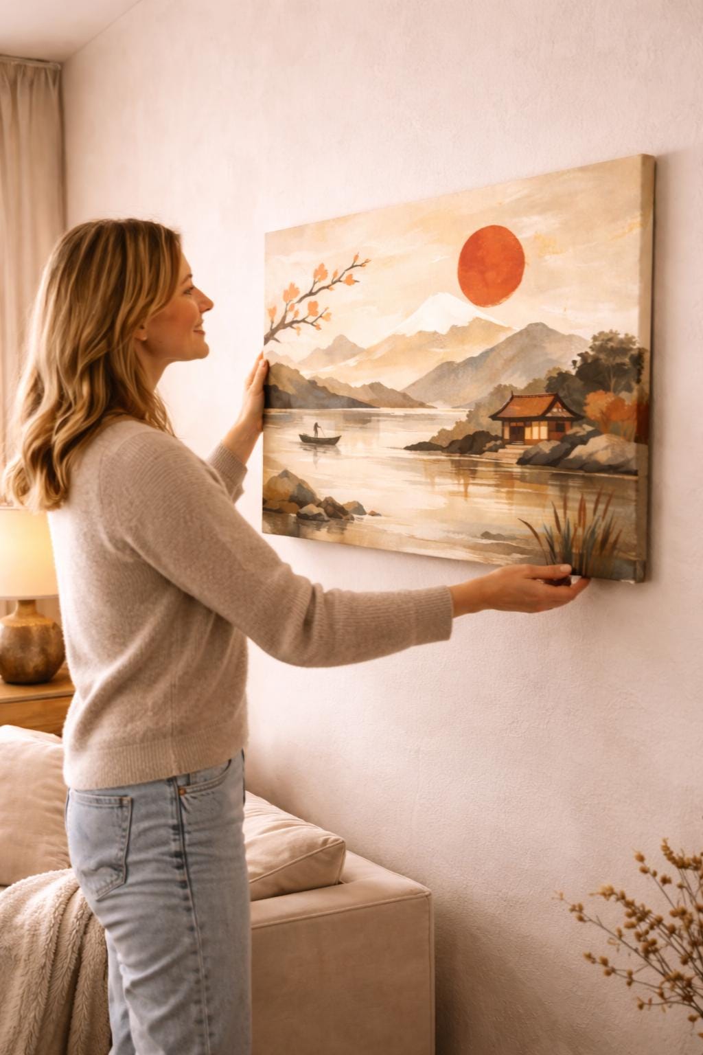 Japandi Landscape Canvas Art, Red Sun Print, Above Bed Decor