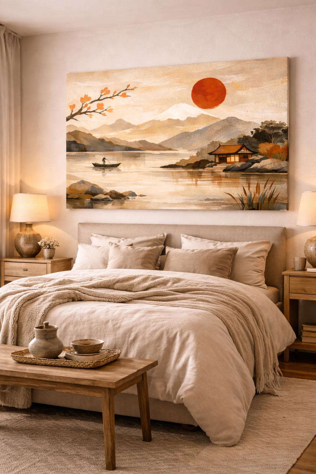 Japandi Landscape Canvas Art, Red Sun Print, Above Bed Decor