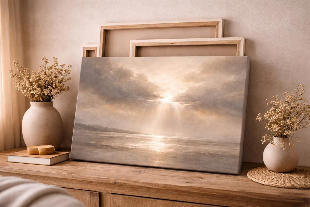 Neutral Beige Panorama Canvas ”Slow Morning” - Minimalist Above Bed Decor Art - Wabi-Sabi