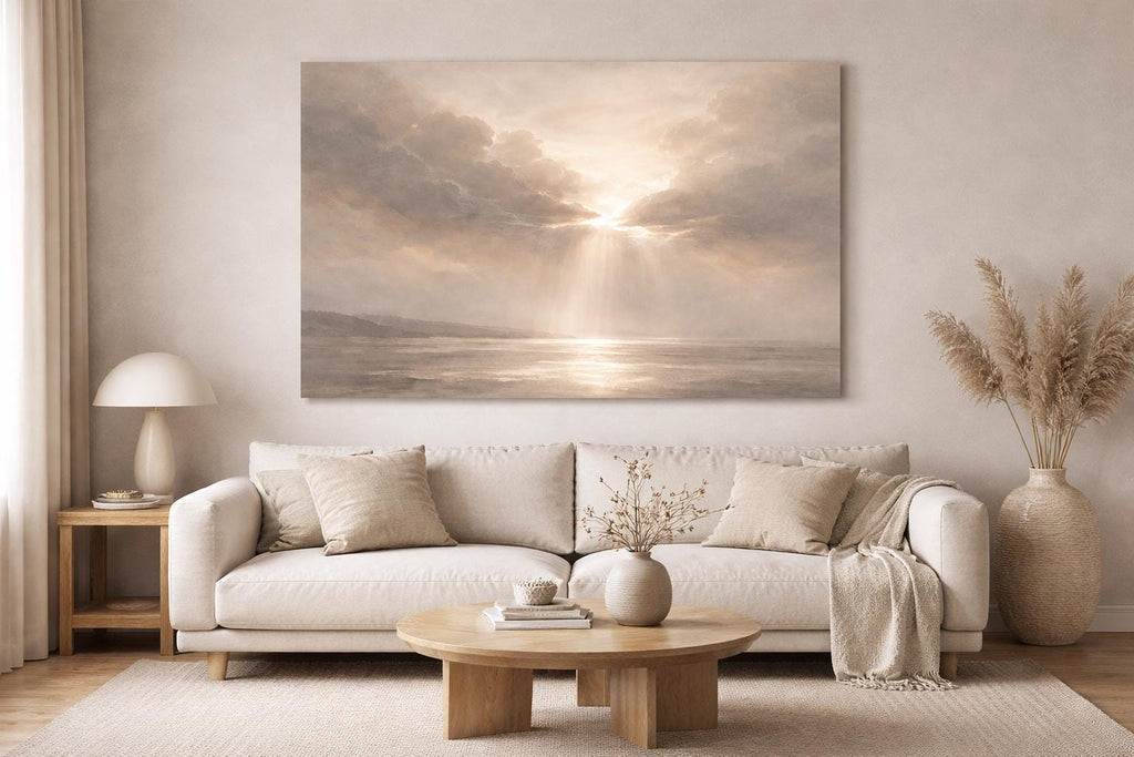 Neutral Beige Panorama Canvas ”Slow Morning” - Minimalist Above Bed Decor Art - Wabi-Sabi
