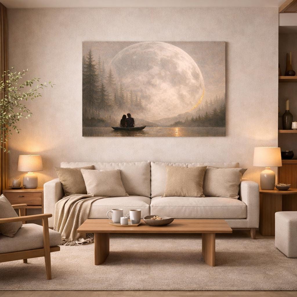 Large Panorama Canvas “Moon on the Lake” – Moody Celestial Wall Art, Above Bed Decor