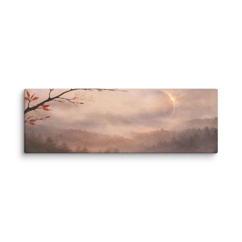 Misty Moonrise Panorama Canvas, Japandi Zen Landscape Art, 3:1 Horizontal Wall Decor