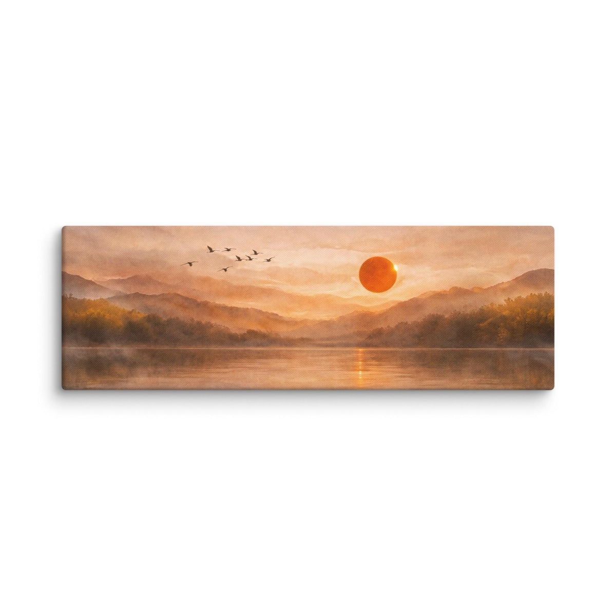 Panoramic Canvas Wall Art, Japandi Sunset Lake Mountain Landscape Painting 3:1 Horizonal