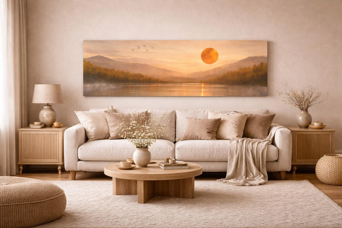 Panoramic Canvas Wall Art, Japandi Sunset Lake Mountain Landscape Painting 3:1 Horizonal