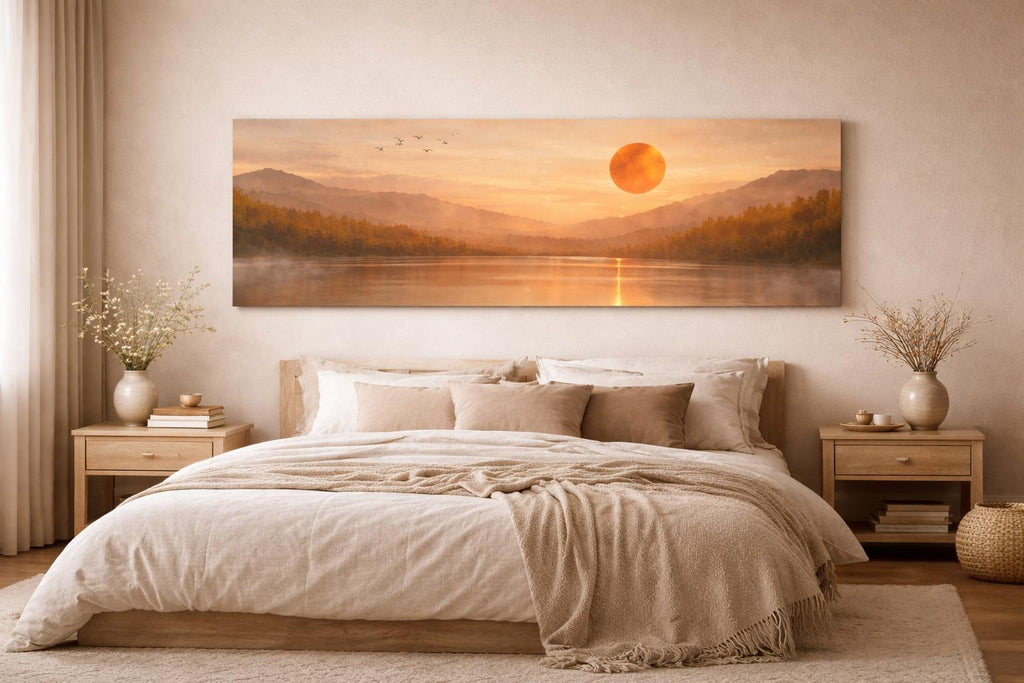 Panoramic Canvas Wall Art, Japandi Sunset Lake Mountain Landscape Painting 3:1 Horizonal