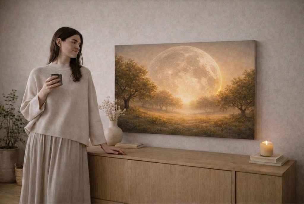 Golden Moon Landscape Canvas Print: Ethereal Celestial Wall Art