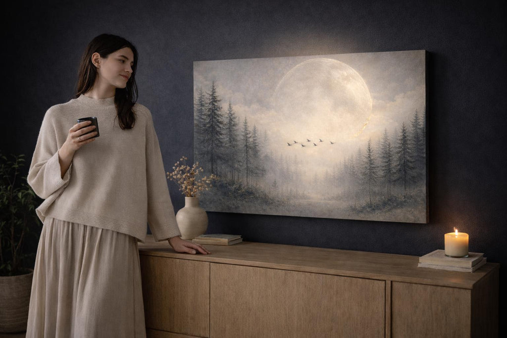 Giant Moon Birds Panoramic Canvas: Ethereal Moody Landscape Painting Print