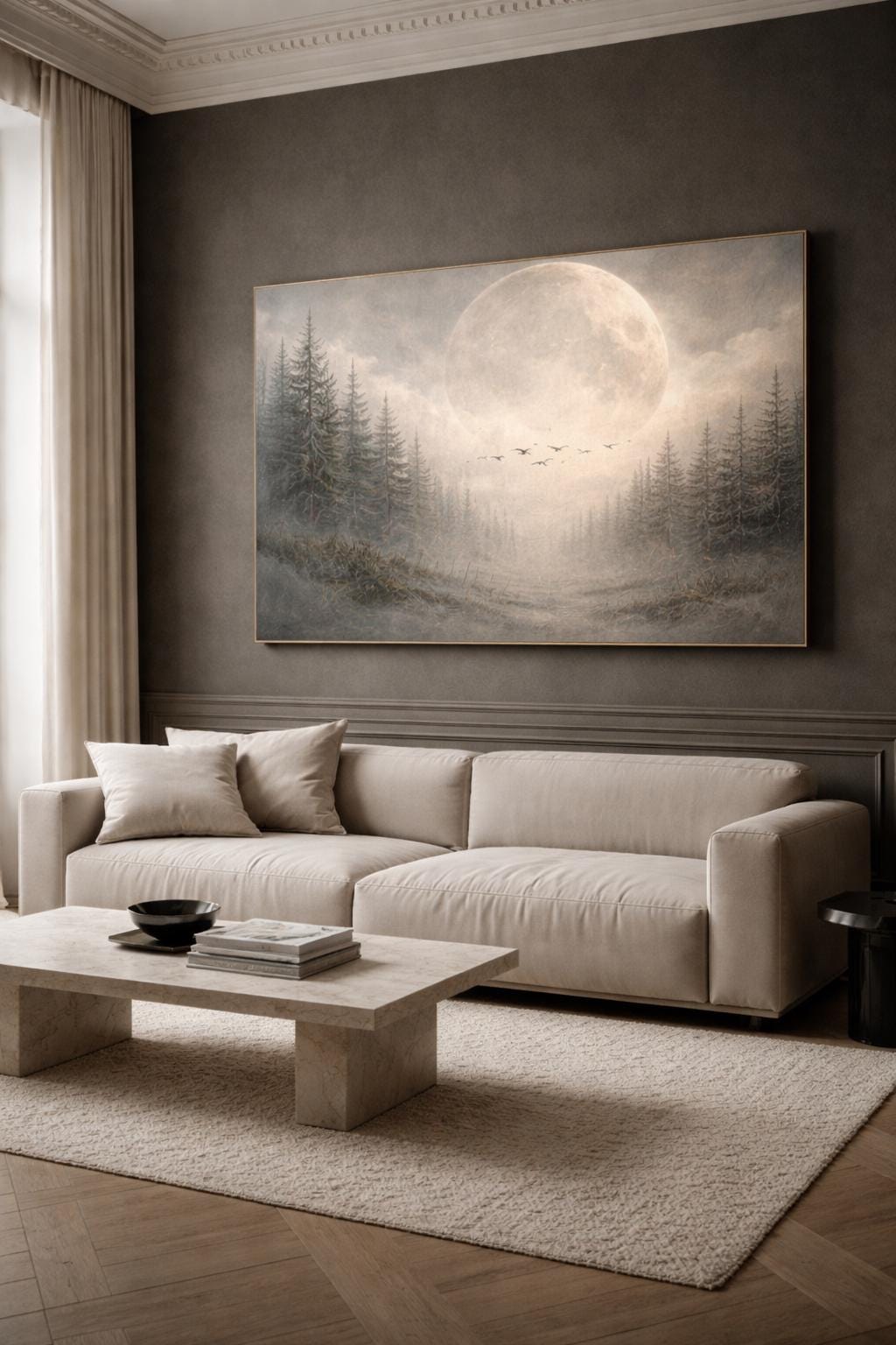Giant Moon Birds Panoramic Canvas: Ethereal Moody Landscape Painting Print