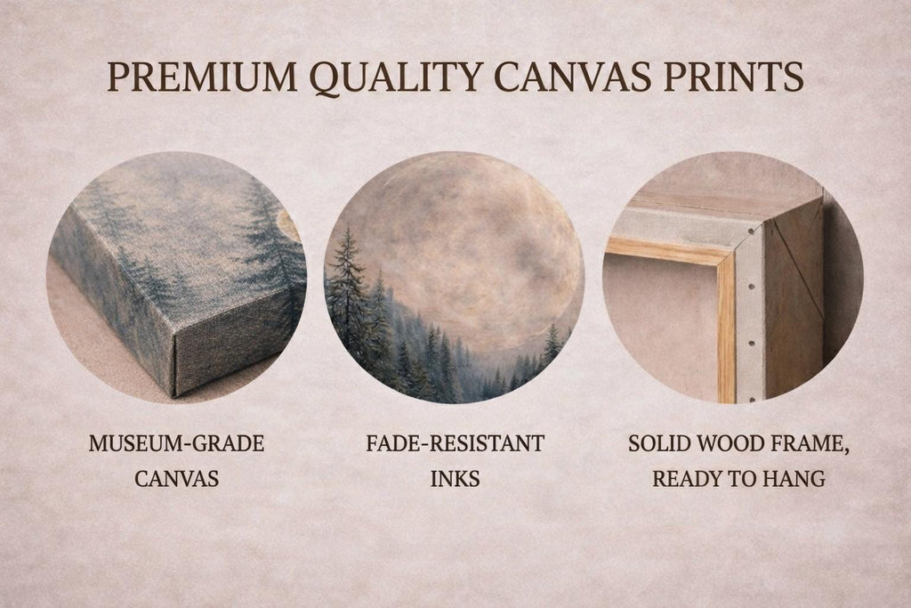 Misty Moonrise Panorama Canvas, Japandi Zen Landscape Art, 3:1 Horizontal Wall Decor