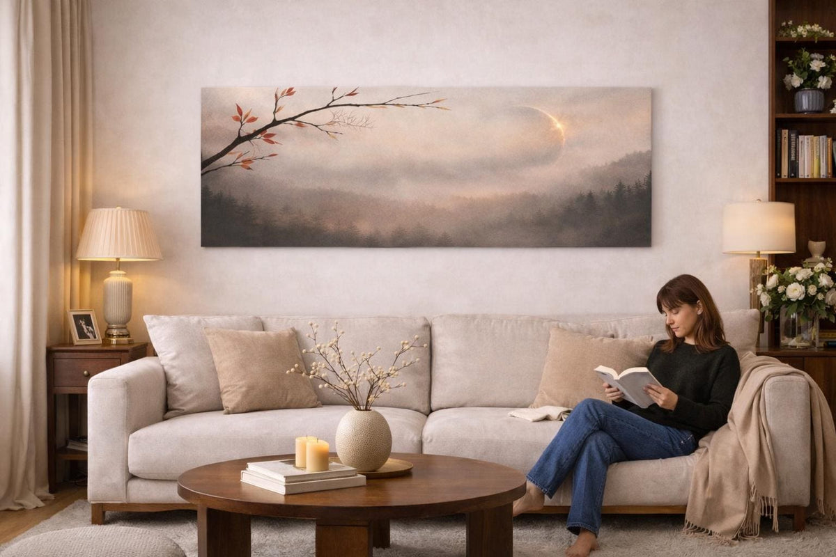 Misty Moonrise Panorama Canvas, Japandi Zen Landscape Art, 3:1 Horizontal Wall Decor