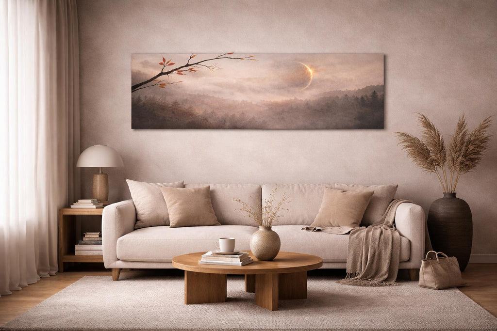 Misty Moonrise Panorama Canvas, Japandi Zen Landscape Art, 3:1 Horizontal Wall Decor