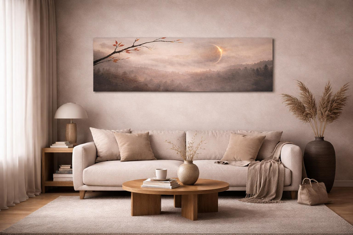 Misty Moonrise Panorama Canvas, Japandi Zen Landscape Art, 3:1 Horizontal Wall Decor