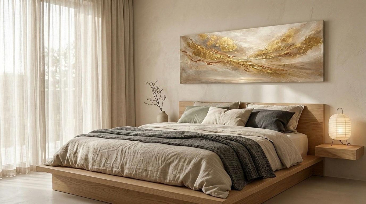 Golden Abstract Panoramic Canvas Art | Luxury Modern Gold Statement Piece 3:1 Horizonal