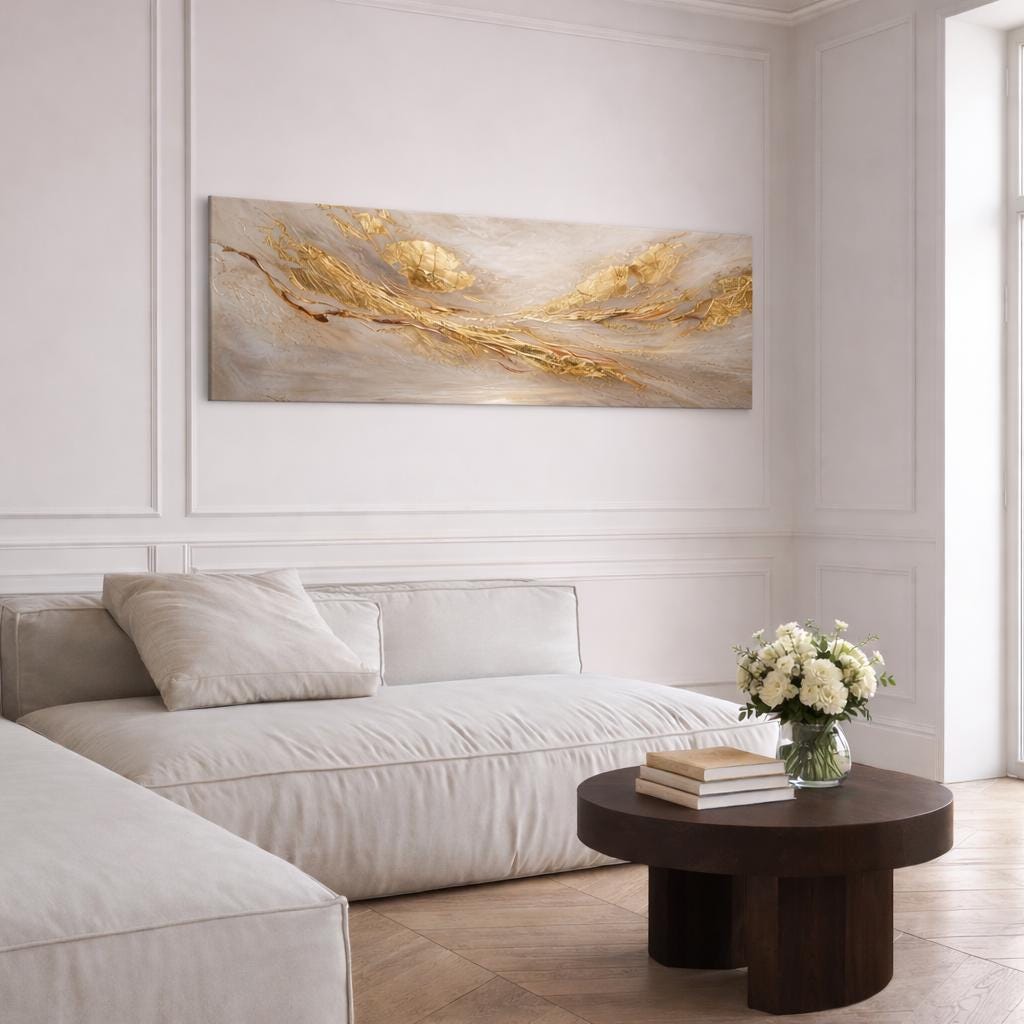 Golden Abstract Panoramic Canvas Art | Luxury Modern Gold Statement Piece 3:1 Horizonal