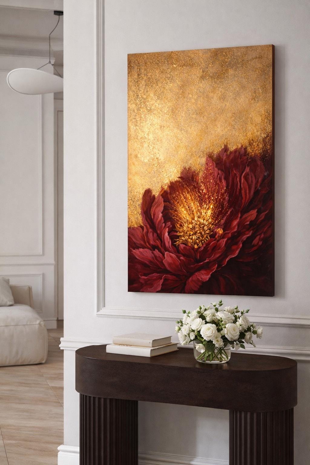 Burgundy Gold Floral Abstract Canvas Art, Moody Statement Living Room Decor