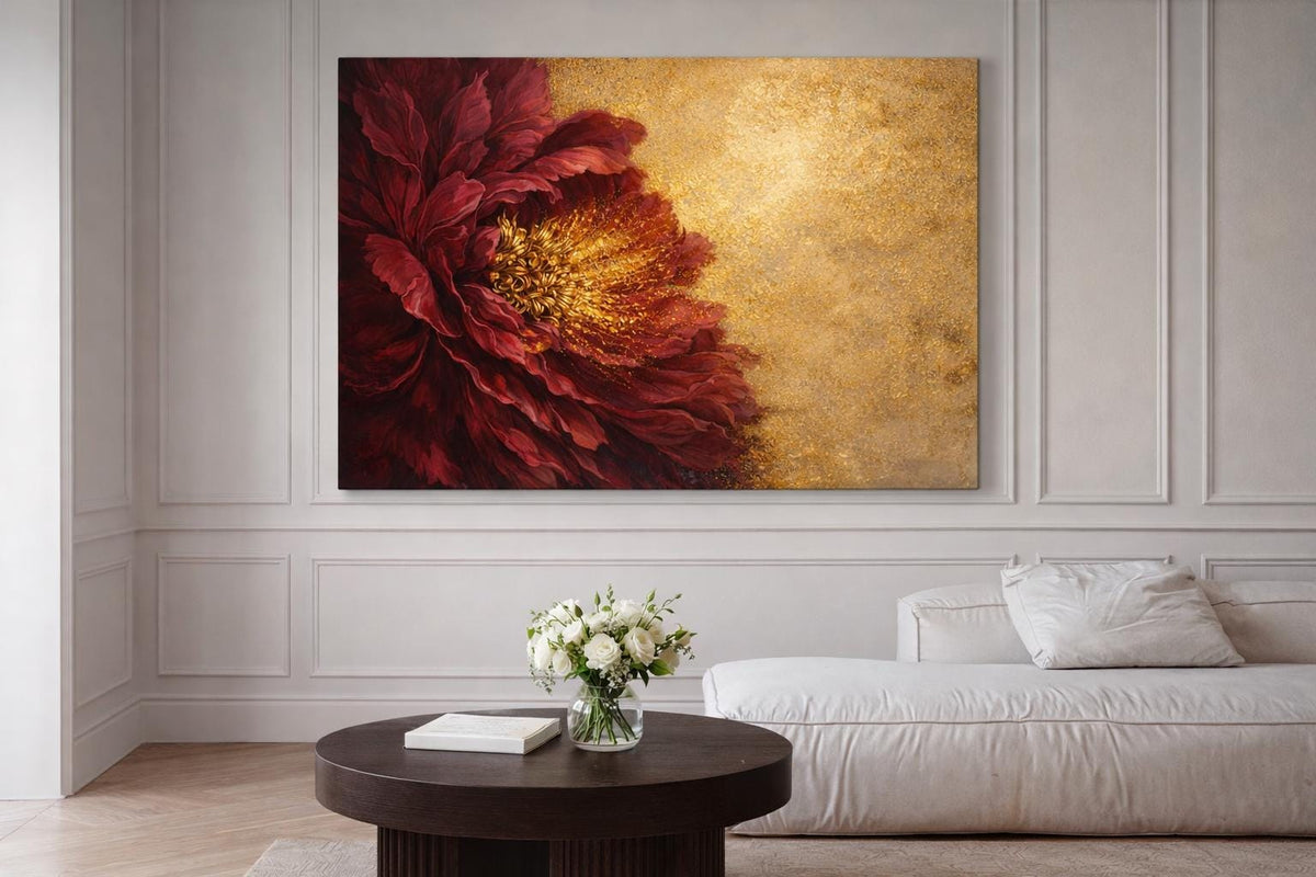 Burgundy Gold Floral Abstract Canvas Art, Moody Statement Living Room Decor
