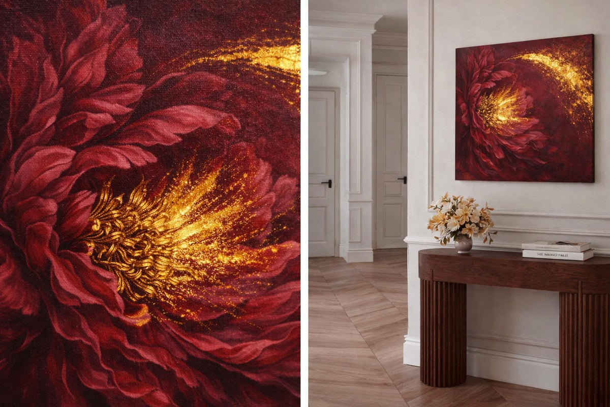 Crimson Gold Botanical Floral Canvas Art | Moody Dark Statement Wall Decor