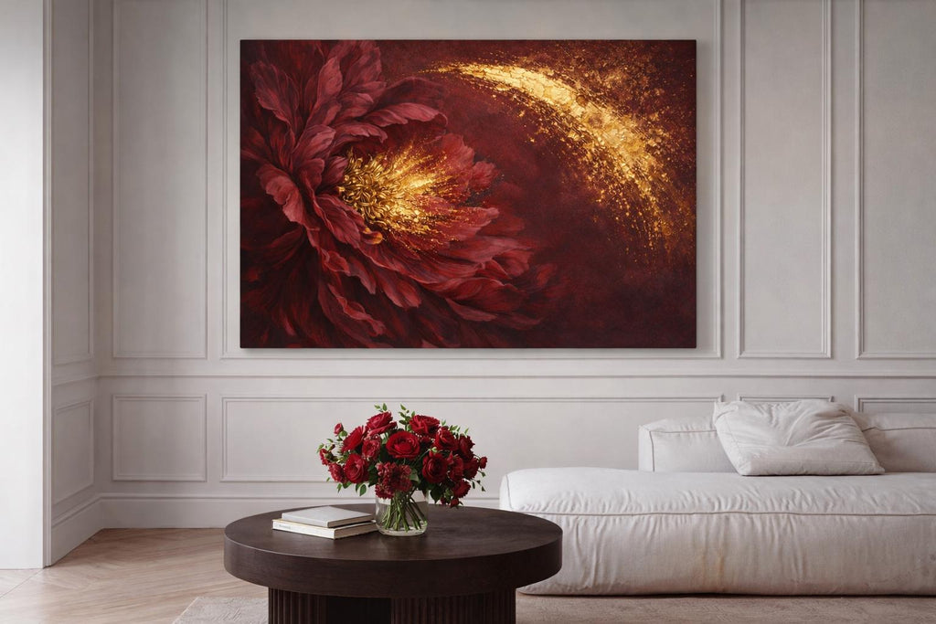 Crimson Gold Botanical Floral Canvas Art | Moody Dark Statement Wall Decor