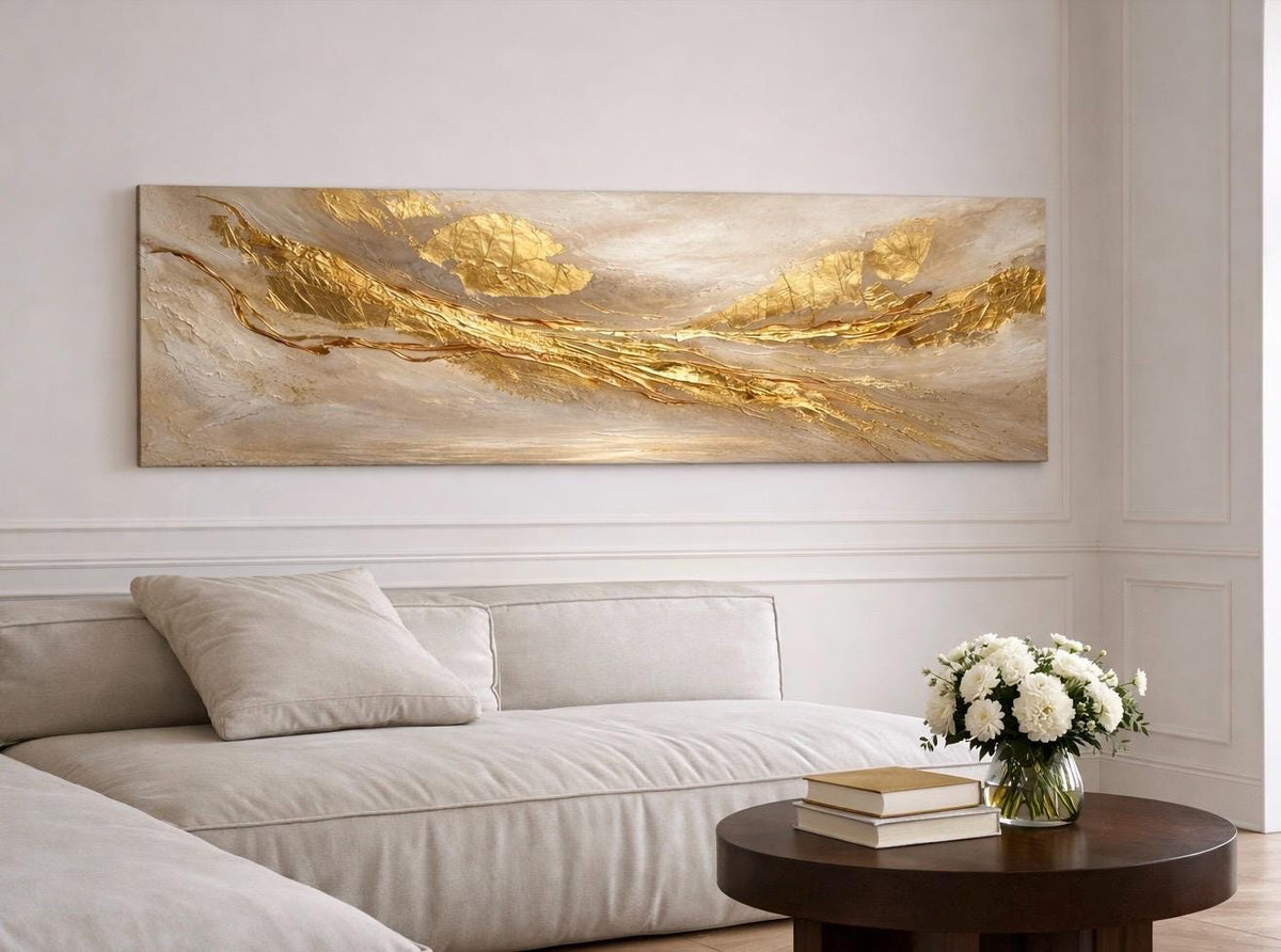 Golden Abstract Panoramic Canvas Art | Luxury Modern Gold Statement Piece 3:1 Horizonal