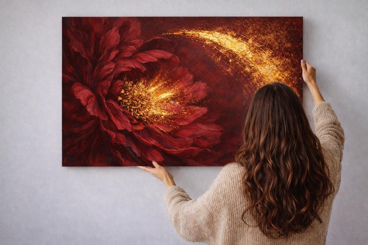 Crimson Gold Botanical Floral Canvas Art | Moody Dark Statement Wall Decor