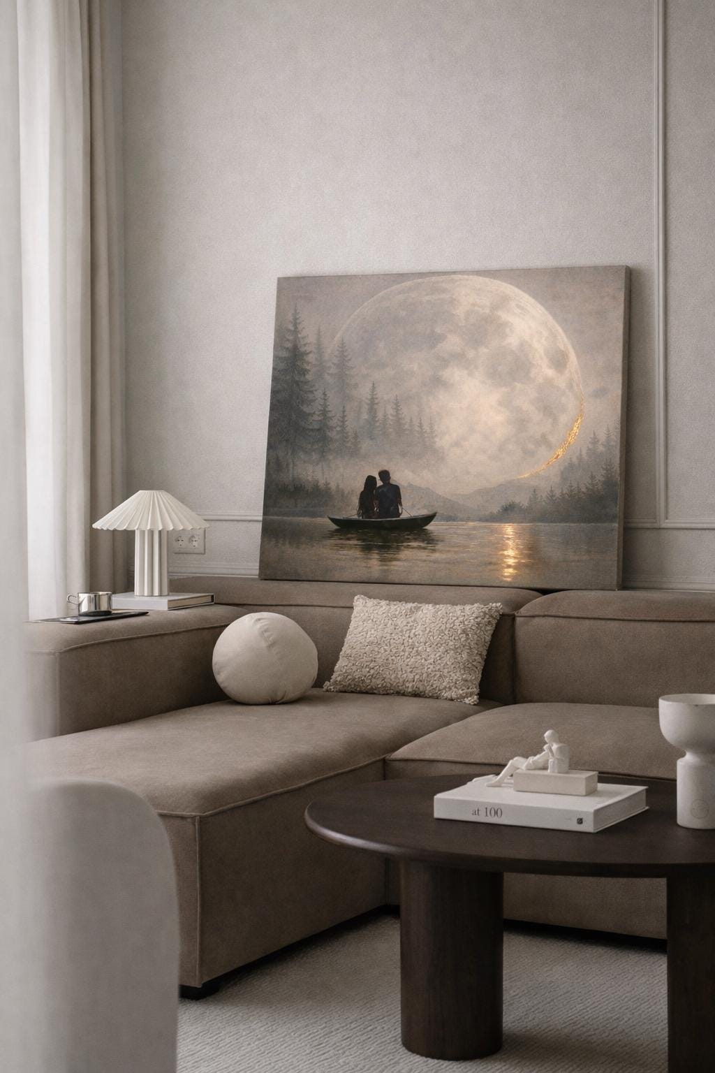 Large Panorama Canvas “Moon on the Lake” – Moody Celestial Wall Art, Above Bed Decor