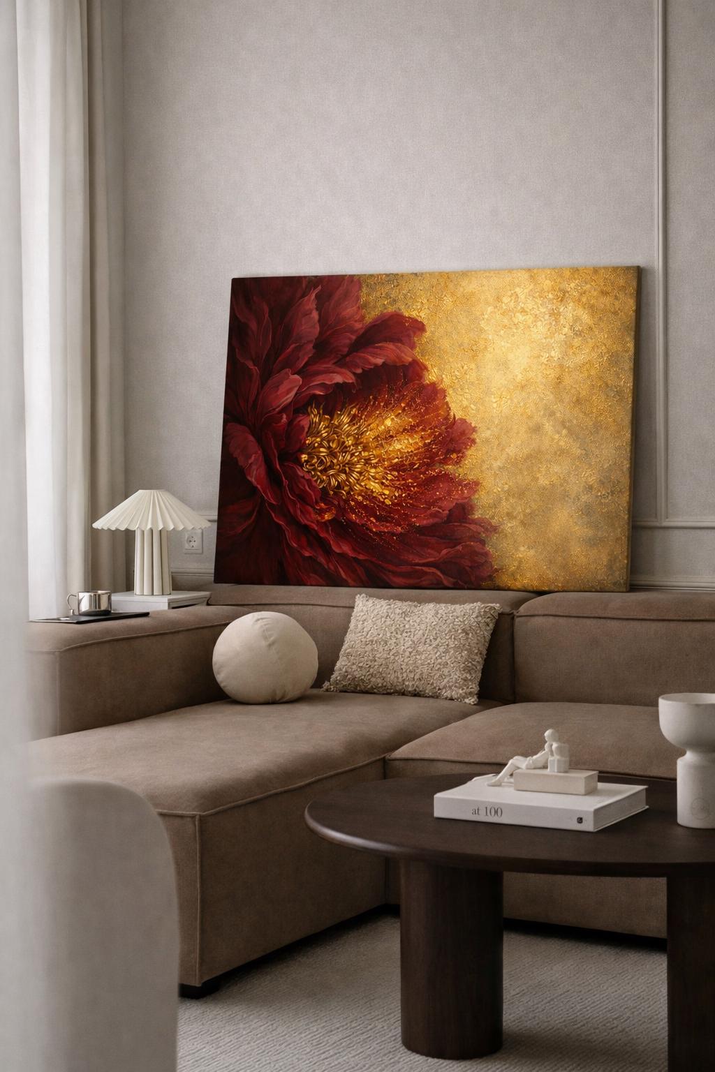Burgundy Gold Floral Abstract Canvas Art, Moody Statement Living Room Decor