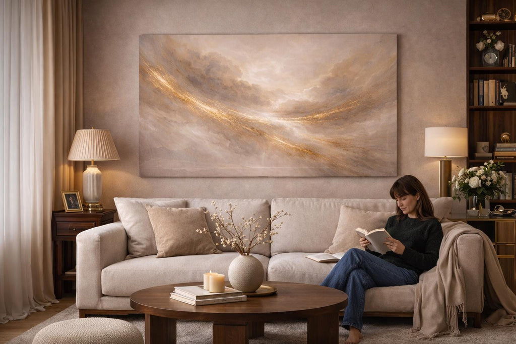 Golden Abstract Canvas Print, Ethereal Clouds, Horizontal Wall Decor