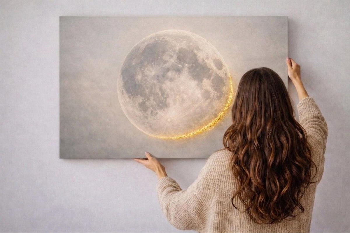 Large Panorama Gold Moon Canvas Art, Celestial Wall Hanging, Ethereal Bedroom Decor