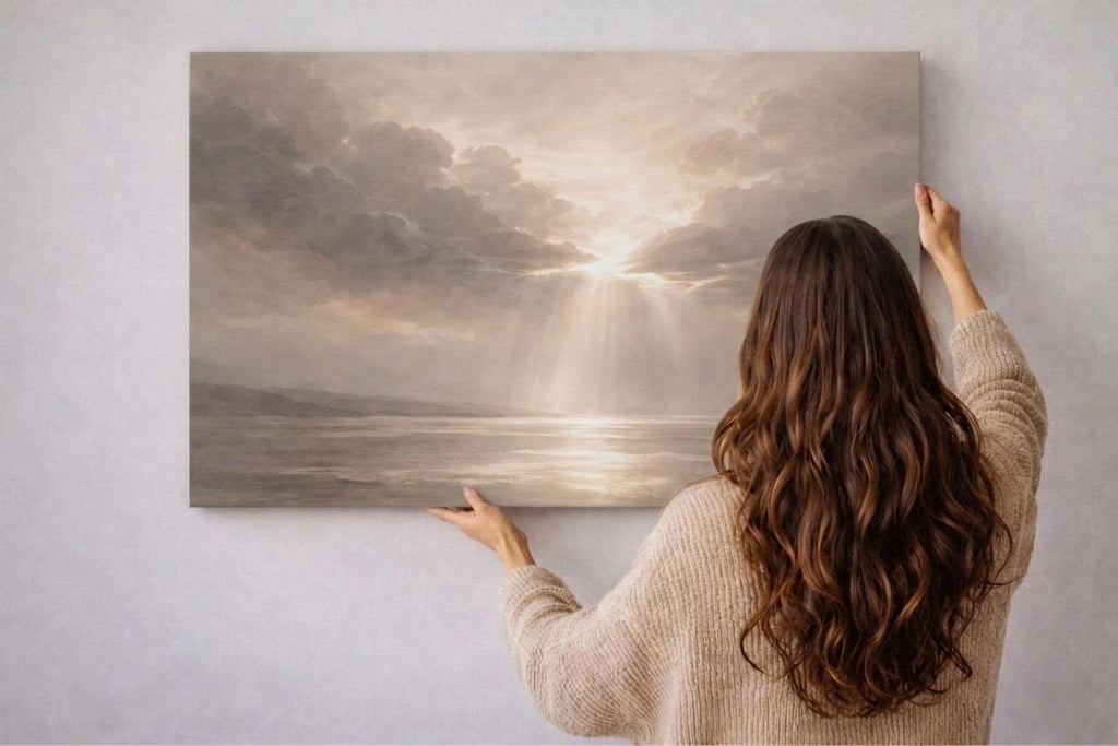Neutral Beige Panorama Canvas ”Slow Morning” - Minimalist Above Bed Decor Art - Wabi-Sabi