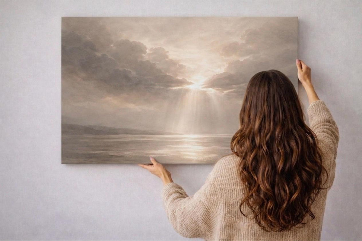 Neutral Beige Panorama Canvas ”Slow Morning” - Minimalist Above Bed Decor Art - Wabi-Sabi