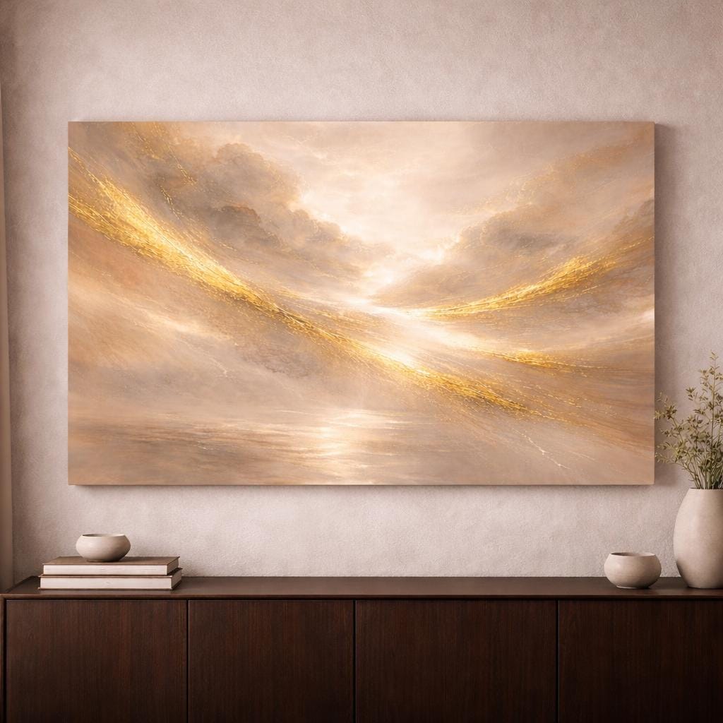 Golden Abstract Canvas Print, Ethereal Clouds, Horizontal Wall Decor