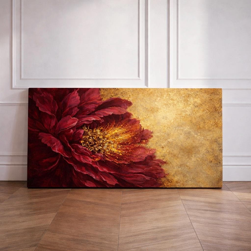 Burgundy Gold Floral Abstract Canvas Art, Moody Statement Living Room Decor