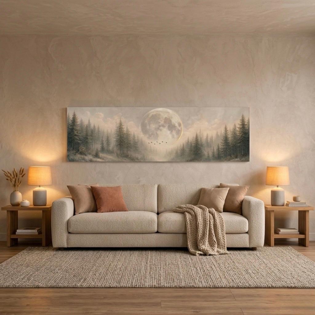 Panorama Canvas Print, Moonlit Forest Birds, Moody Nature Wall Art Above Bed