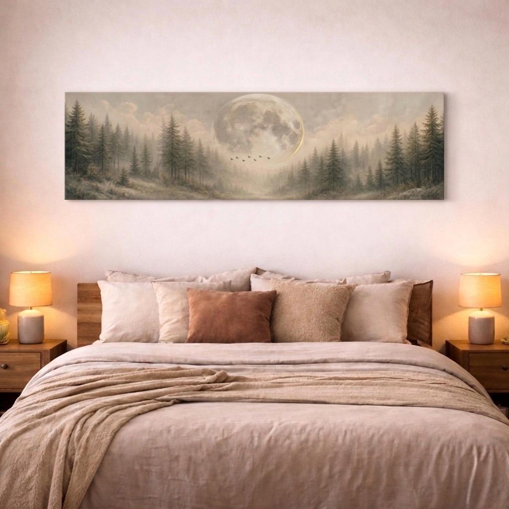 Panorama Canvas Print, Moonlit Forest Birds, Moody Nature Wall Art Above Bed
