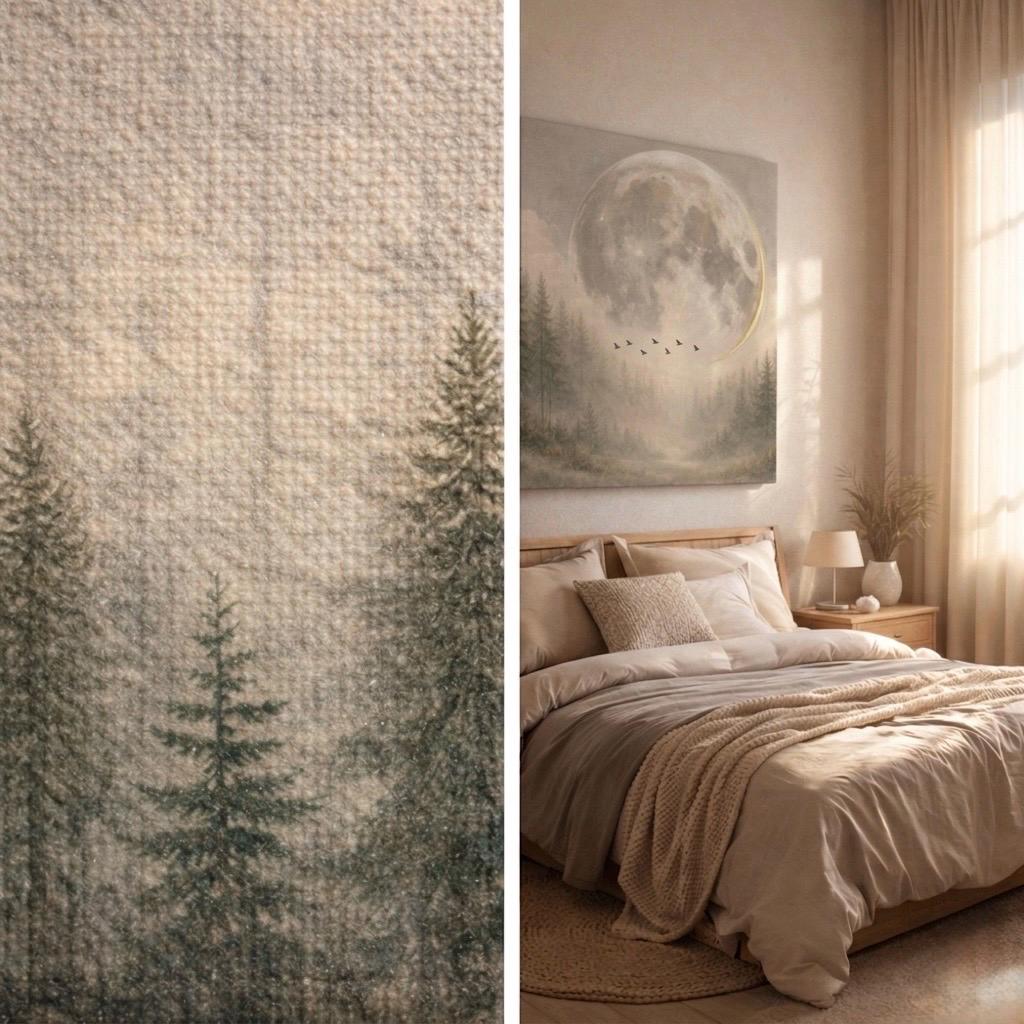Panorama Canvas Print, Moonlit Forest Birds, Moody Nature Wall Art Above Bed