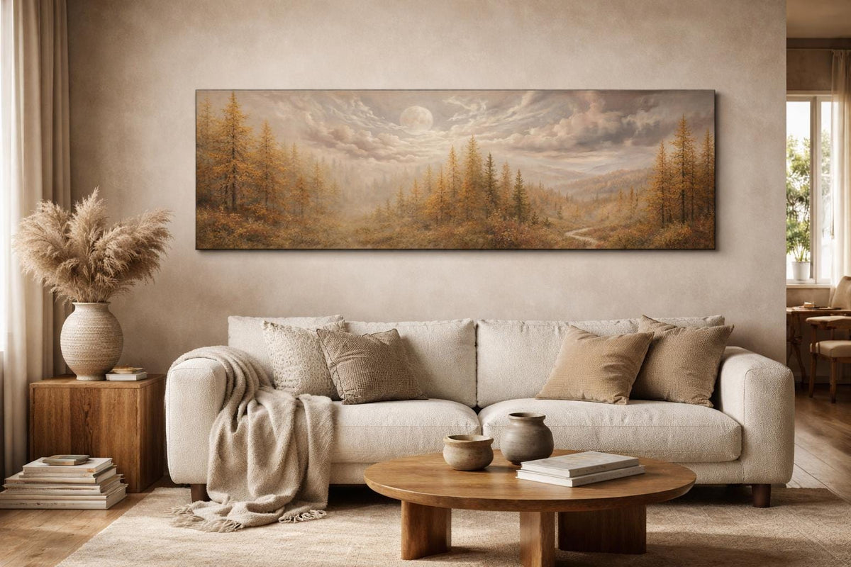 Golden Forest Panorama Canvas, Autumn Moon Landscape, Wide Statement Art
