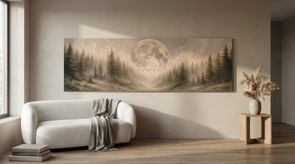 Panorama Canvas Print, Moonlit Forest Birds, Moody Nature Wall Art Above Bed