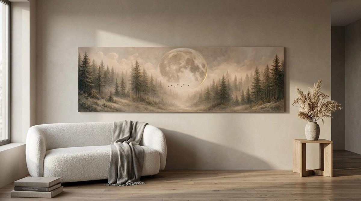 Panorama Canvas Print, Moonlit Forest Birds, Moody Nature Wall Art Above Bed