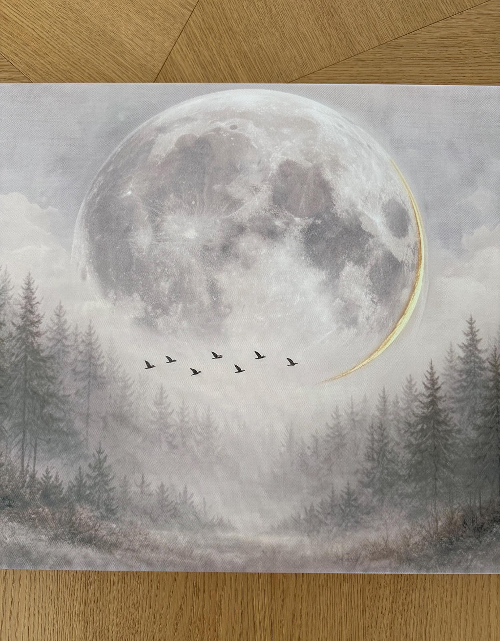 Panorama Canvas Print, Moonlit Forest Birds, Moody Nature Wall Art Above Bed