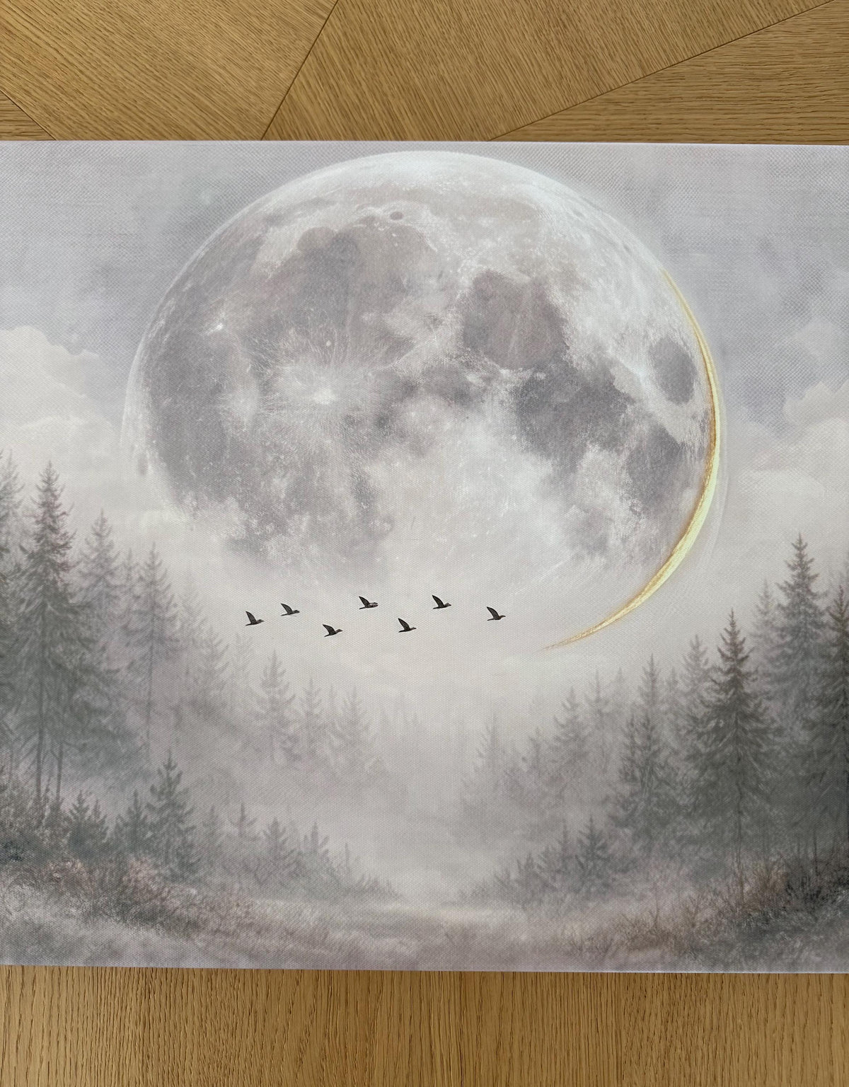 Panorama Canvas Print, Moonlit Forest Birds, Moody Nature Wall Art Above Bed