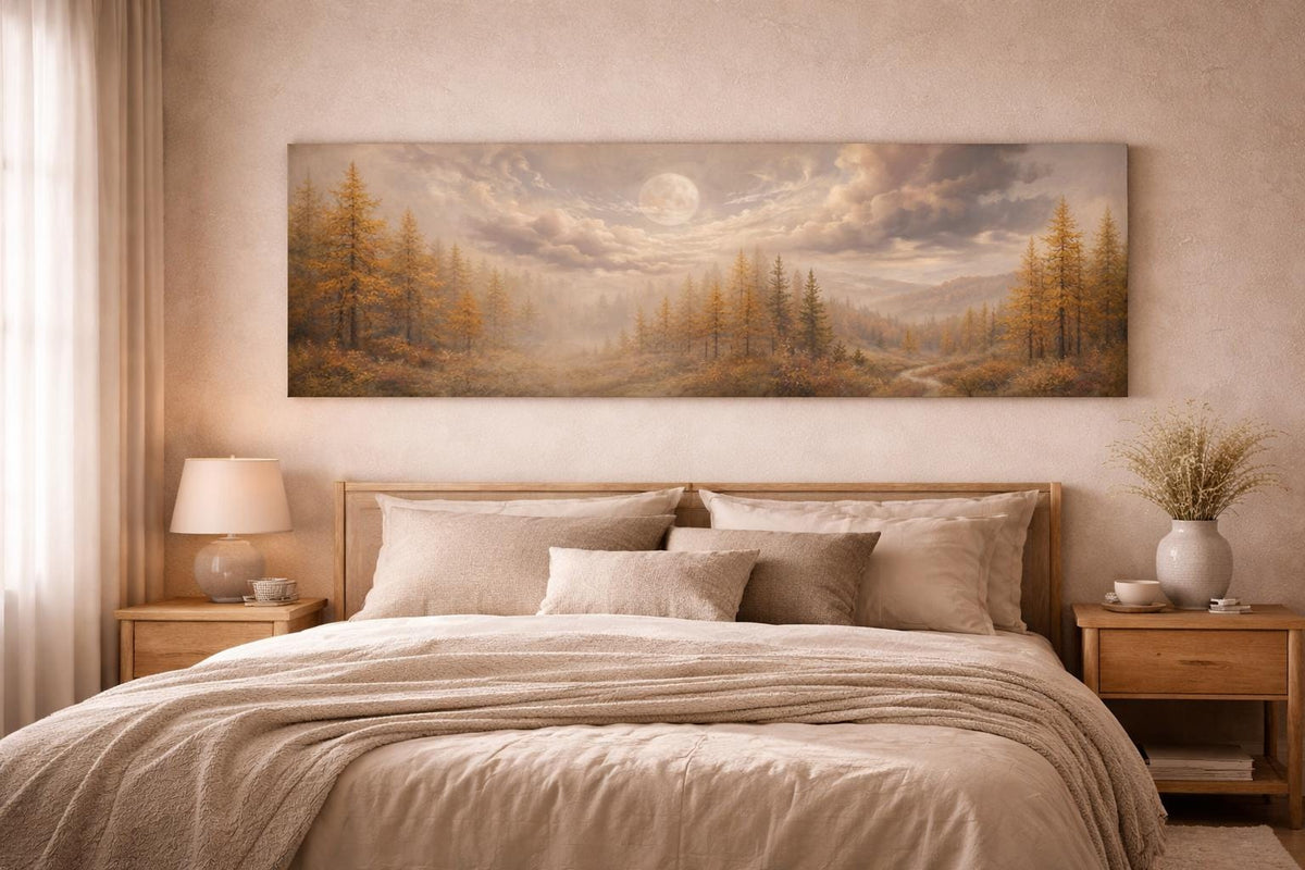 Golden Forest Panorama Canvas, Autumn Moon Landscape, Wide Statement Art