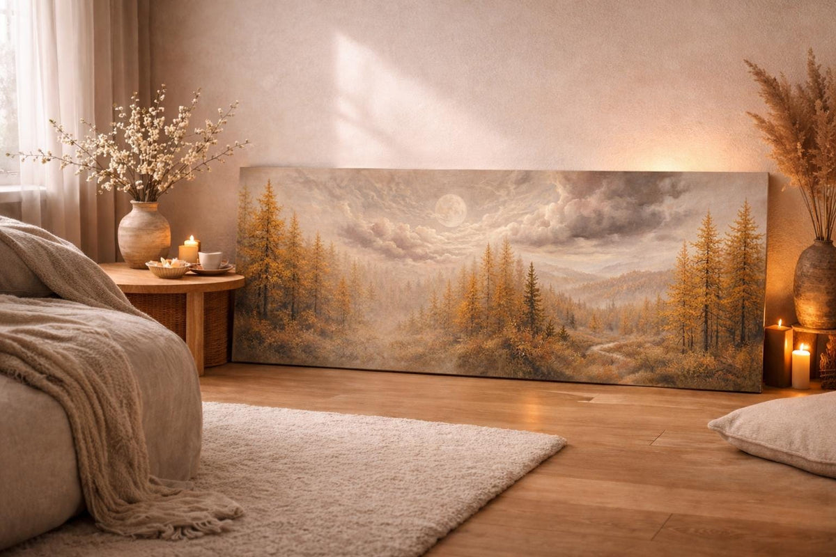 Golden Forest Panorama Canvas, Autumn Moon Landscape, Wide Statement Art
