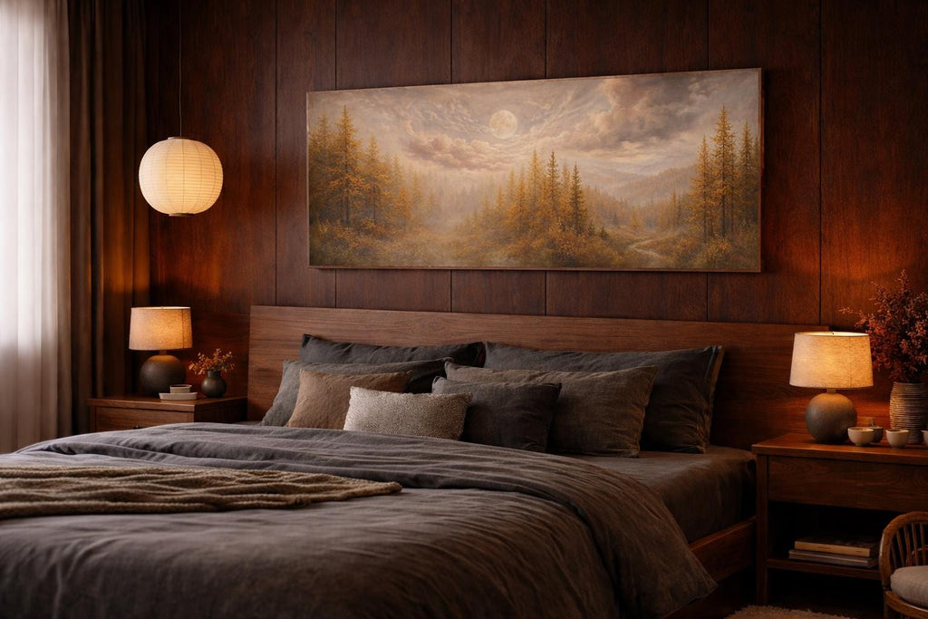Golden Forest Panorama Canvas, Autumn Moon Landscape, Wide Statement Art