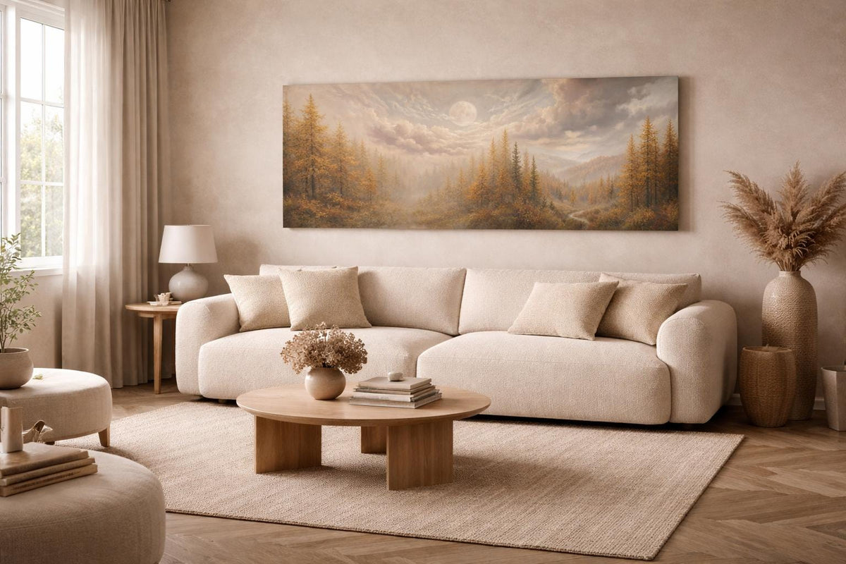 Golden Forest Panorama Canvas, Autumn Moon Landscape, Wide Statement Art